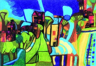 Ein abstraktes, expressionistisches Bild einer Landschaft mit stilisierten Häusern und Bäumen. Lebhafte Farben wie tiefes Blau, leuchtendes Grün und warme Töne dominieren das pastellartige Werk mit kräftigen Konturen.