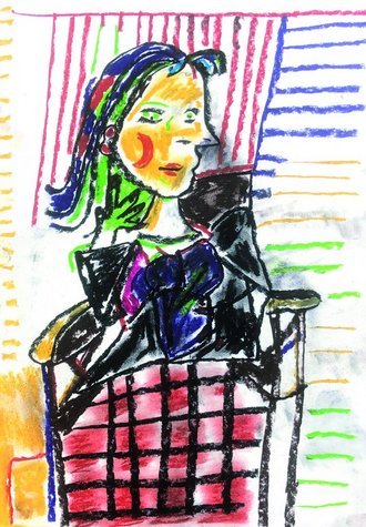 Ein buntes Kinderbild zeigt eine Frau mit dunklem Haar, die auf einem rot karierten Stuhl sitzt. Sie trägt eine dunkle Jacke mit einer violetten Schleife. Der Hintergrund besteht aus vertikalen und horizontalen Streifen in verschiedenen Farben.