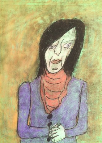 Eine Pastellzeichnung einer Frau mit dunklem Haar und blasser Haut. Sie trägt ein lila Oberteil und einen orangefarbenen Schal. Ihre Hände sind vor der Brust gefaltet und halten dunkle Perlen. Ihr Gesichtsausdruck wirkt ernst und nachdenklich.
