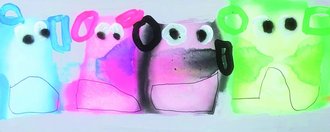 Sechs bunte, bärenähnliche Figuren in einer Reihe. Die Farben sind Hellblau, Pink, Schwarz, Grün, Rot und Violett. Sie haben einfache schwarze Umrisse und Augen.